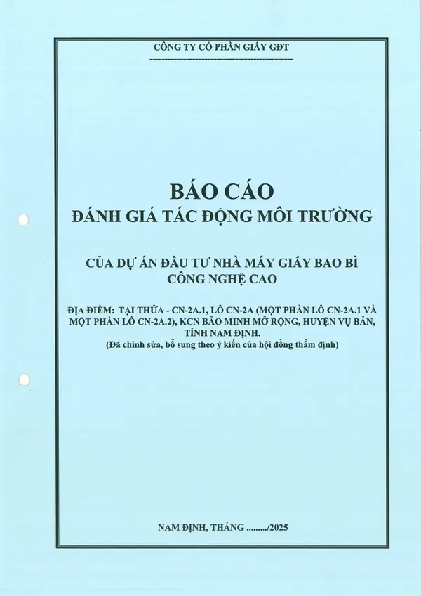 Báo cáo Đánh giá Tác động Môi trường (ĐTM) Dự án Nhà máy Giấy Bao bì Công nghệ cao GĐT